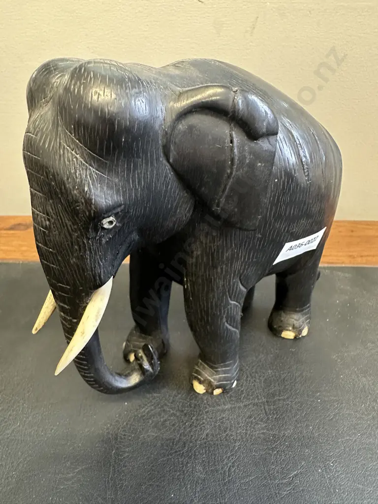 19th Century Ebony Elephant, Sculptured Solid Ebony With Original Carved Bone Tusks Toes & Eyes. H15 W16 D9cm Image 1++