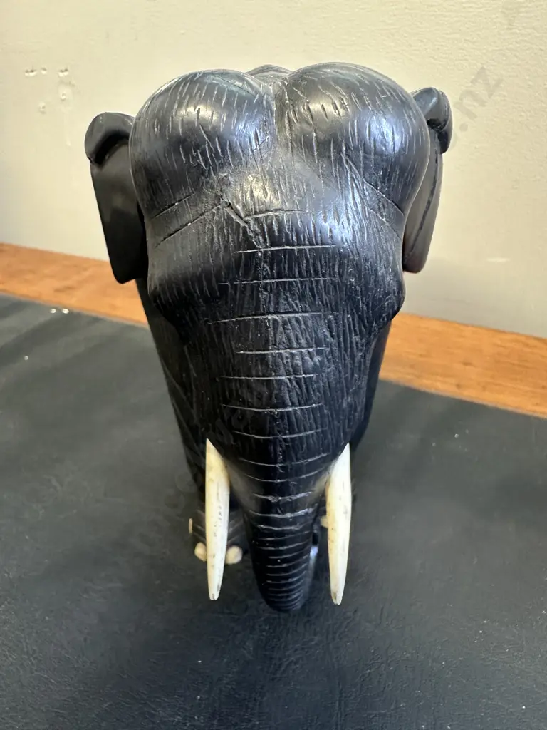 19th Century Ebony Elephant, Sculptured Solid Ebony With Original Carved Bone Tusks Toes & Eyes. H15 W16 D9cm Image 1++