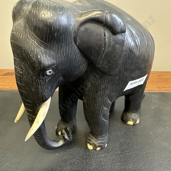 19th Century Ebony Elephant, Sculptured Solid Ebony With Original Carved Bone Tusks Toes & Eyes. H15 W16 D9cm