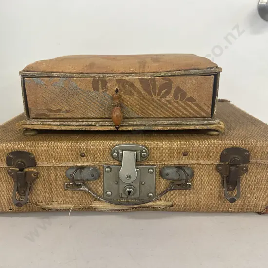 Antique Sewing Box & Cardboard Backed Suitcase