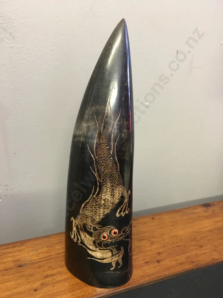 Vintage Carved Water Buffalo Horn - Chinese Dragon Yin. H21cm Image 1++
