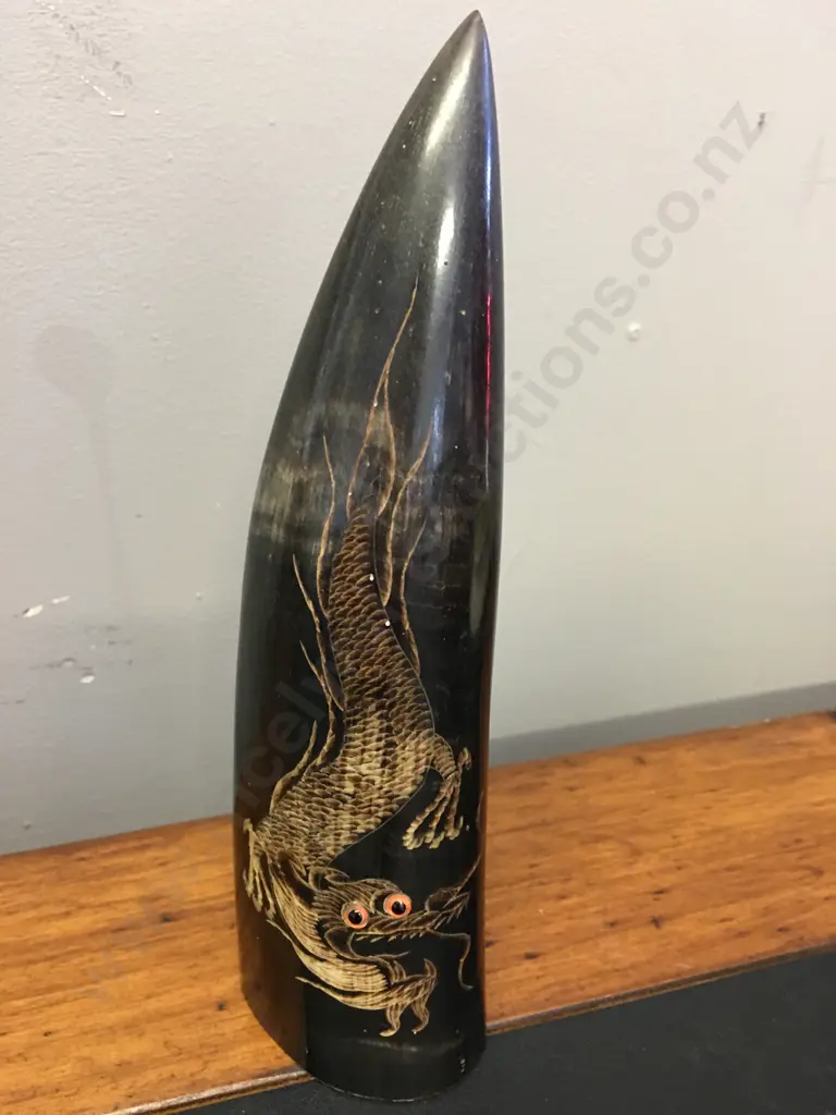 Vintage Carved Water Buffalo Horn - Chinese Dragon Yin. H21cm Image 1++