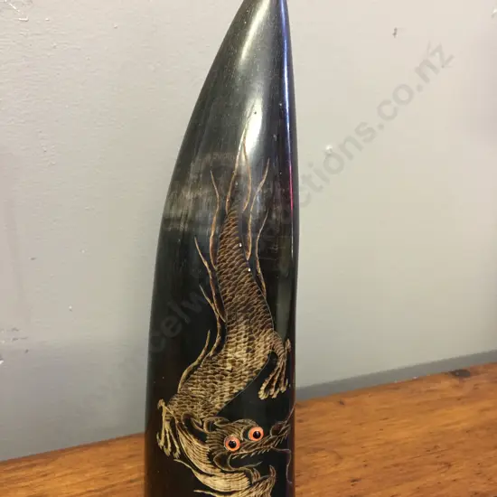 Vintage Carved Water Buffalo Horn - Chinese Dragon Yin. H21cm