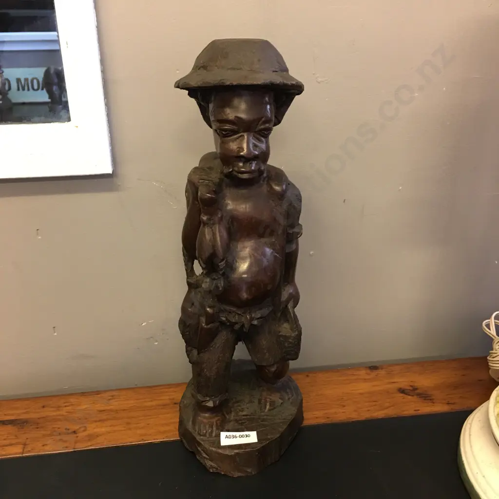 Zimbabwe Hand Carved Wooden Man With Fish. H36cm Image 1++