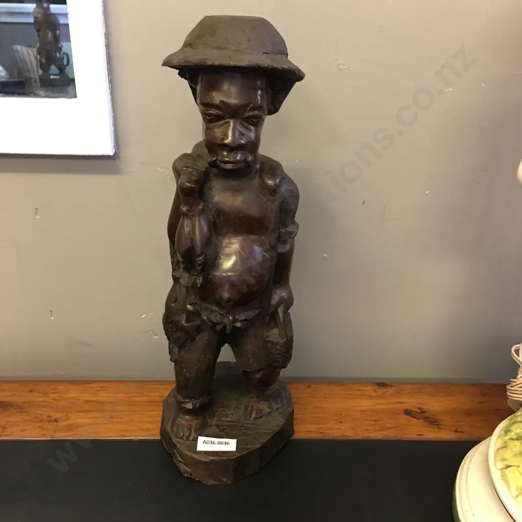 Zimbabwe Hand Carved Wooden Man With Fish. H36cm Image 1++