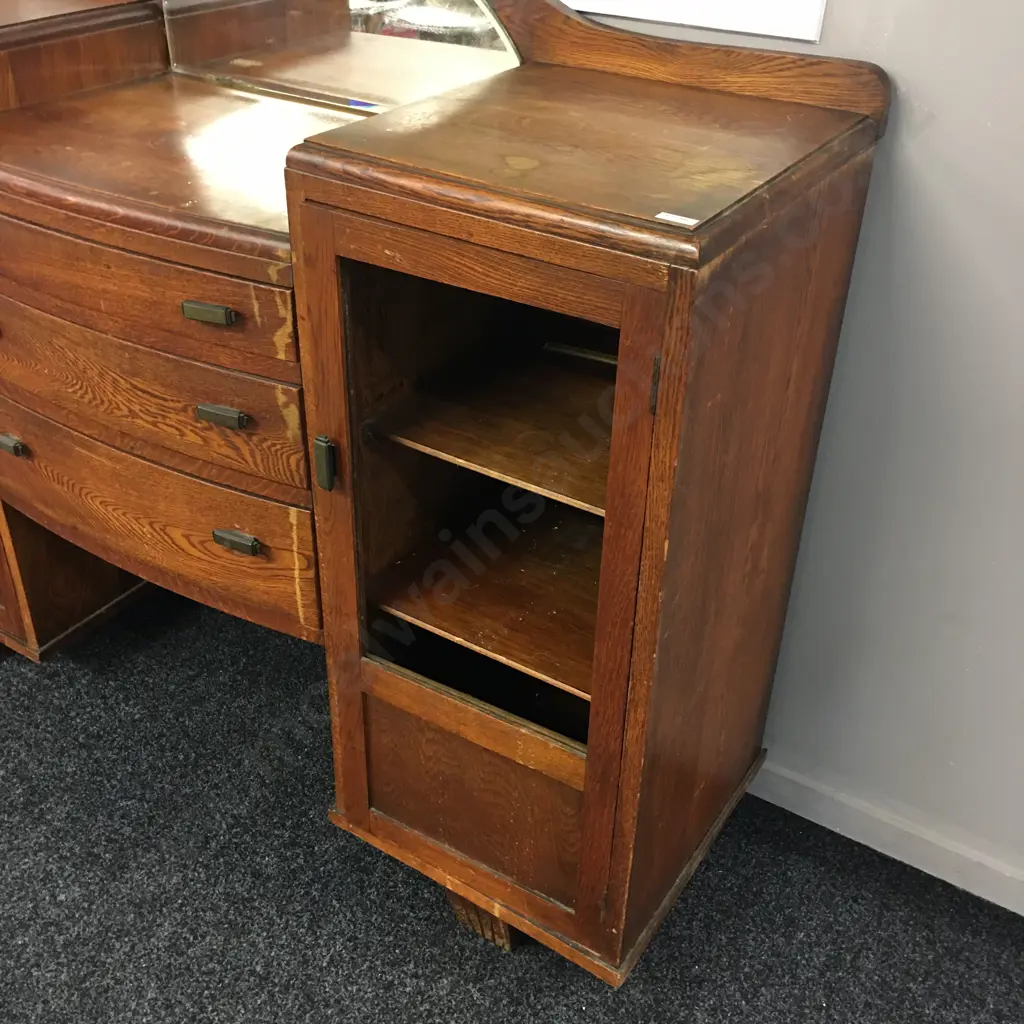 1940s Oak Sideboard With Mirror, 2 Glazed Doors & 3 Central Drawers (As Found Condition). H108 W137 D44cm Image 1++