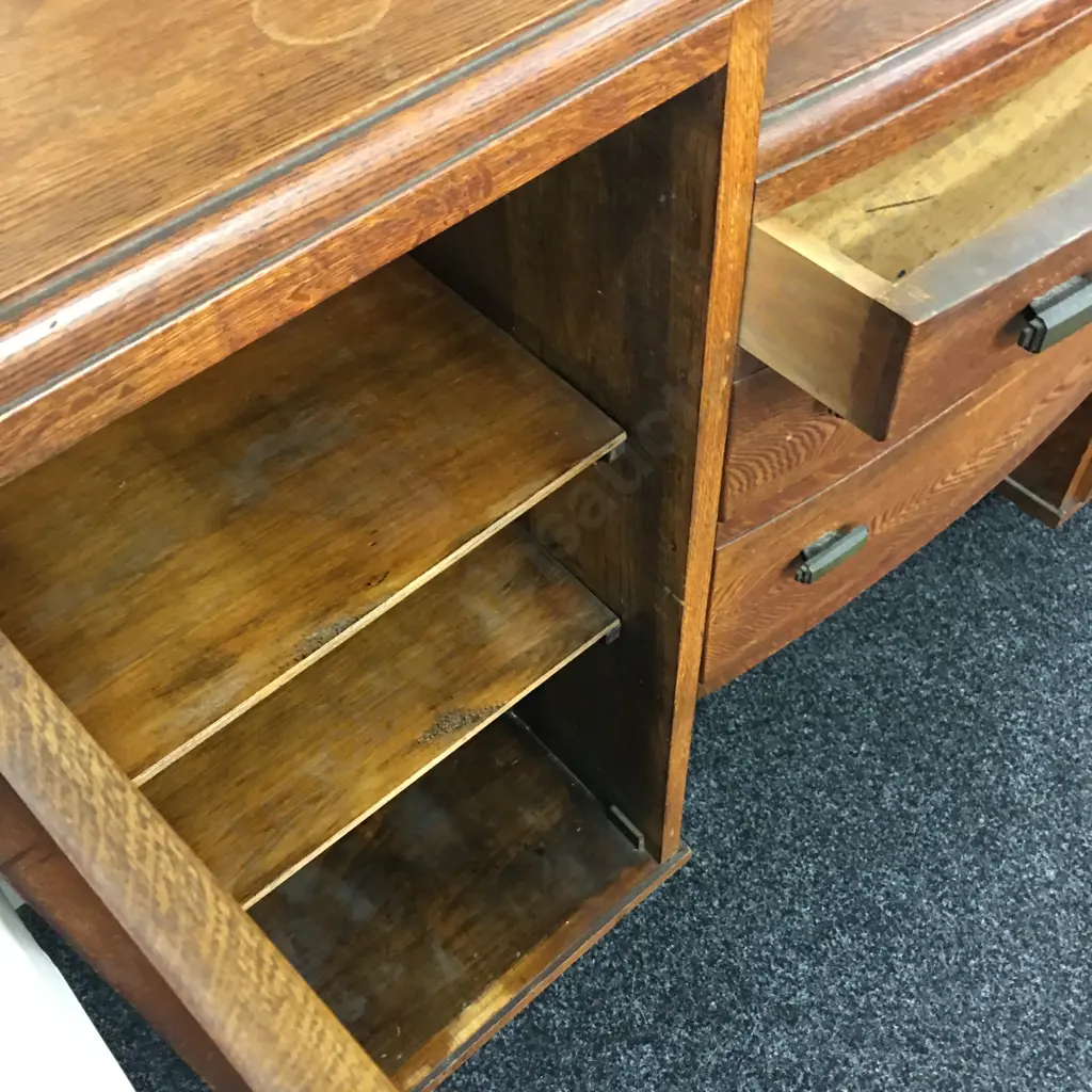 1940s Oak Sideboard With Mirror, 2 Glazed Doors & 3 Central Drawers (As Found Condition). H108 W137 D44cm Image 1++