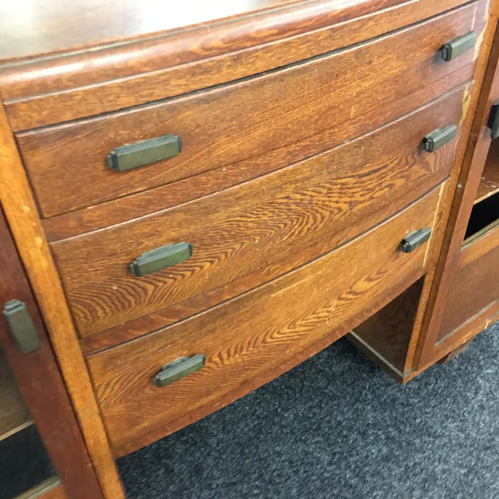 1940s Oak Sideboard With Mirror, 2 Glazed Doors & 3 Central Drawers (As Found Condition). H108 W137 D44cm Image 1++