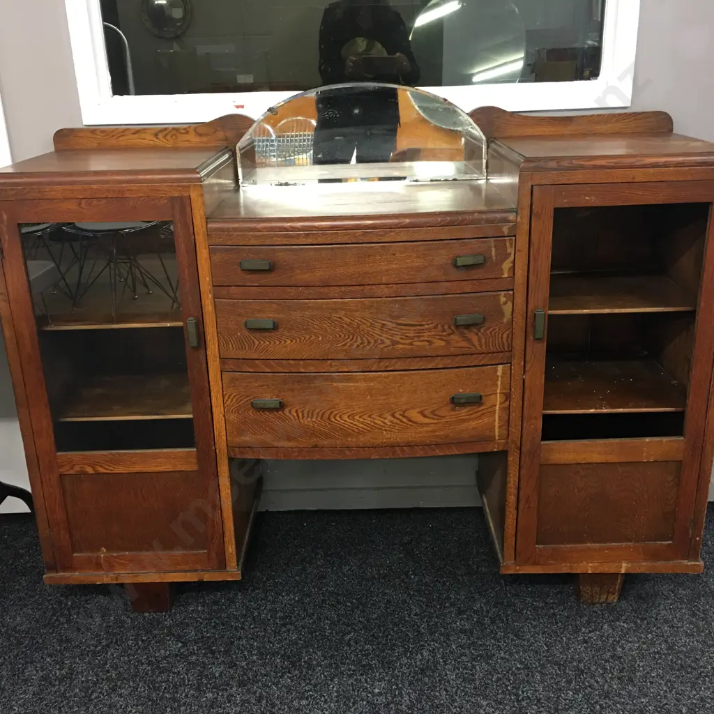 1940s Oak Sideboard With Mirror, 2 Glazed Doors & 3 Central Drawers (As Found Condition). H108 W137 D44cm Image 1++