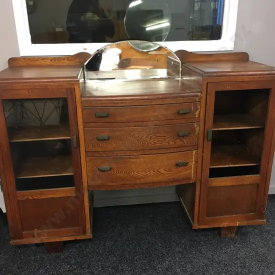 1940s Oak Sideboard With Mirror, 2 Glazed Doors & 3 Central Drawers (As Found Condition). H108 W137 D44cm