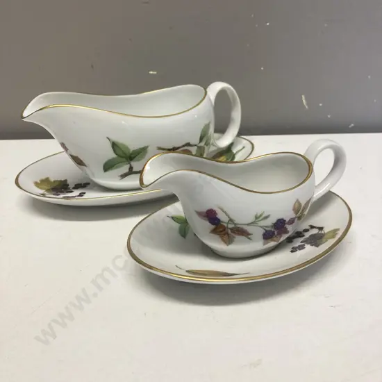Royal Worcester Wild Harvest Gold Rimmed Gravy Boat With Under Plate & Small Gravy Boat With Under Plate