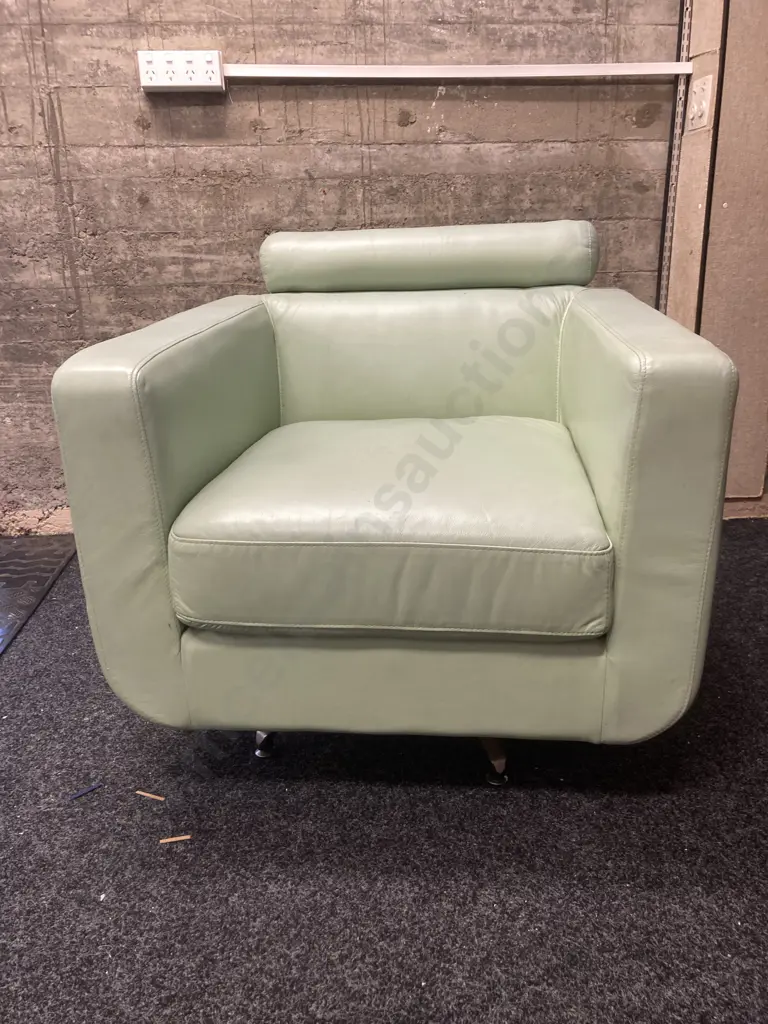 Mint Green Leather Natuzzi Style Swivel Club Arm Chair With Adjustable Headrest. H79 W82 D80cm Image 1++