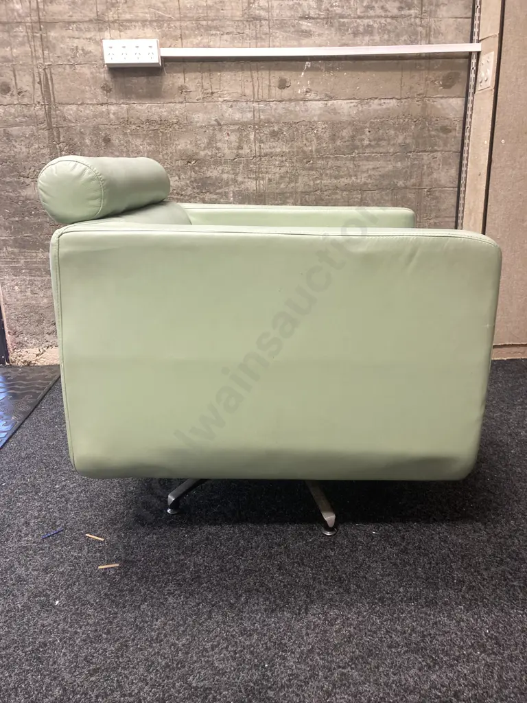 Mint Green Leather Natuzzi Style Swivel Club Arm Chair With Adjustable Headrest. H79 W82 D80cm Image 1++