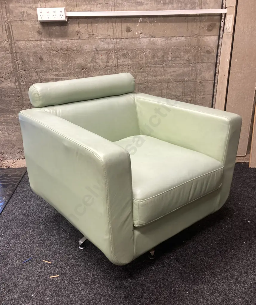 Mint Green Leather Natuzzi Style Swivel Club Arm Chair With Adjustable Headrest. H79 W82 D80cm Image 1++