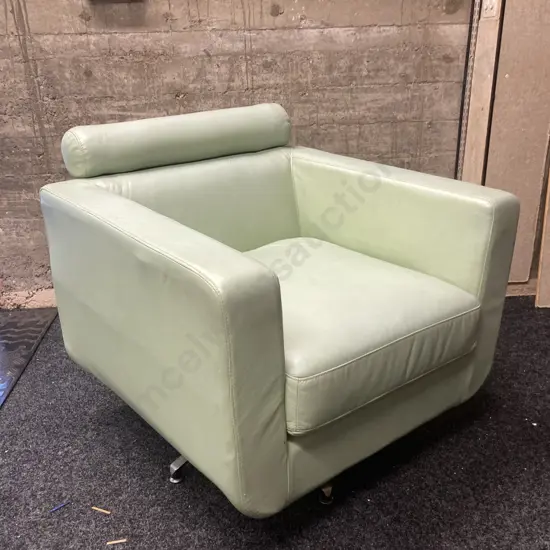 Mint Green Leather Natuzzi Style Swivel Club Arm Chair With Adjustable Headrest. H79 W82 D80cm