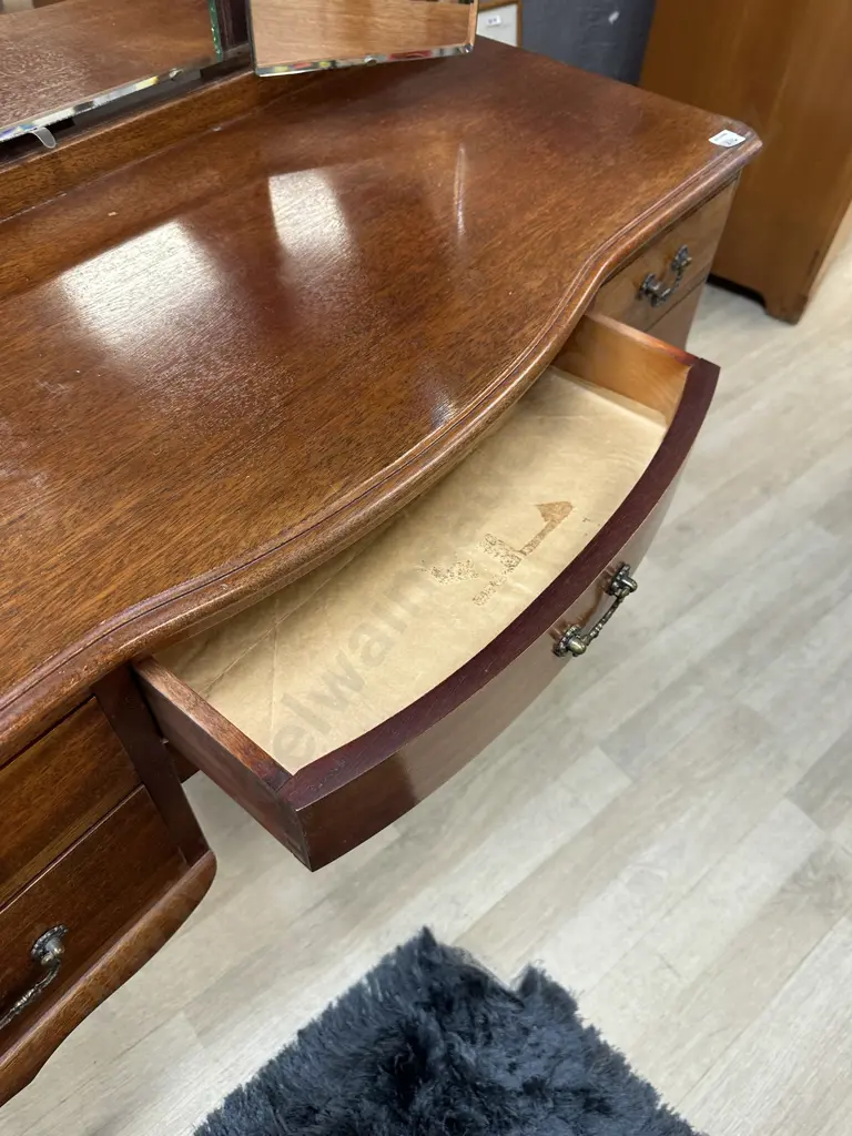 Queen Anne Style Mahogany Dressing Table - Three Mirrors, Metal Drop Handles, Cabriole Legs. NZ Made 1962 Image 1++