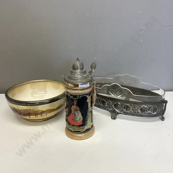 Royal Doulton Seriesware Bowl, Lidded Beer Stein, Silverware & Glass Serving Dish