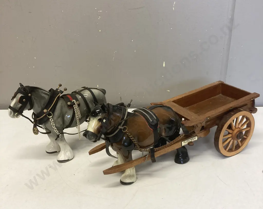 Vintage Kenall Shire Range Staffordshire Horse Figure & MelbaWare England Ceramic Shire Horse & Wooden Cart (17 x 39cm) Image 1++