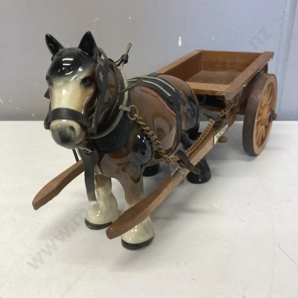 Vintage Kenall Shire Range Staffordshire Horse Figure & MelbaWare England Ceramic Shire Horse & Wooden Cart (17 x 39cm) Image 1++