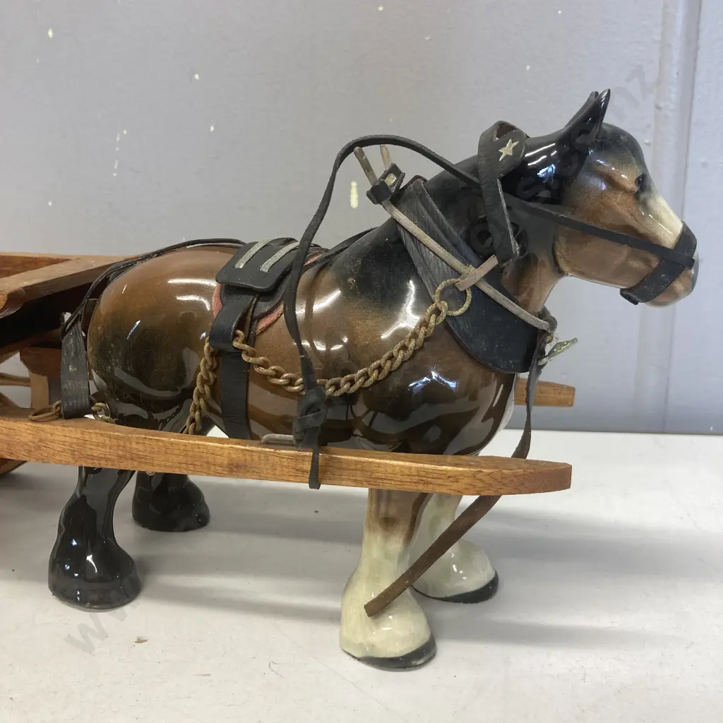 Vintage Kenall Shire Range Staffordshire Horse Figure & MelbaWare England Ceramic Shire Horse & Wooden Cart (17 x 39cm) Image 1++