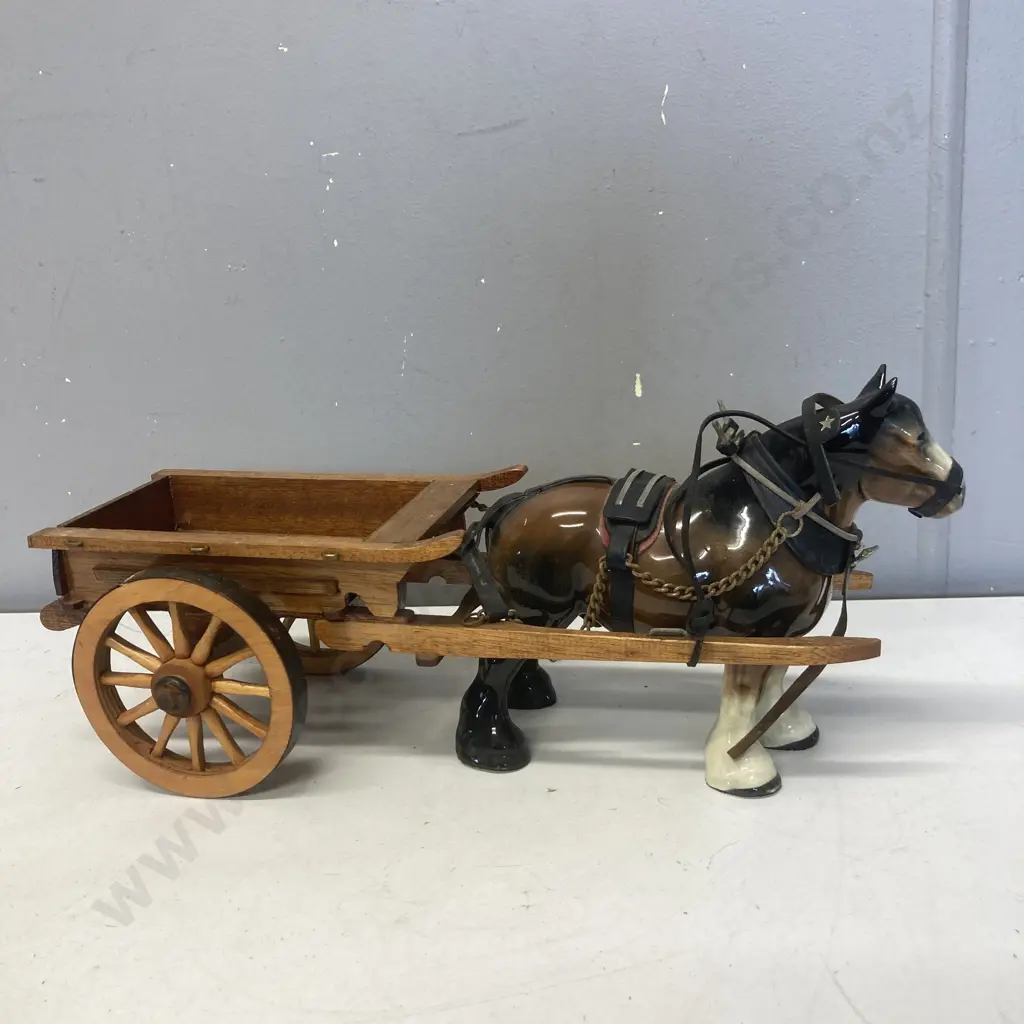 Vintage Kenall Shire Range Staffordshire Horse Figure & MelbaWare England Ceramic Shire Horse & Wooden Cart (17 x 39cm) Image 1++