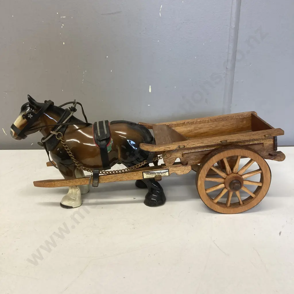 Vintage Kenall Shire Range Staffordshire Horse Figure & MelbaWare England Ceramic Shire Horse & Wooden Cart (17 x 39cm) Image 1++