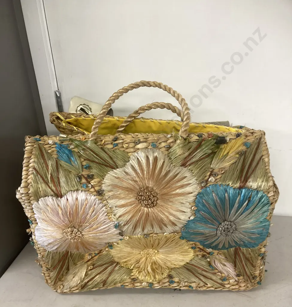 Givenchy Dust Bag & a Vintage Multi Colour Large Woven Flowers Seagrass Basket, Lined (Both As Found Condition) Image 1++