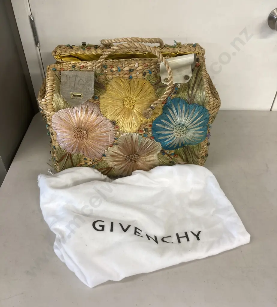 Givenchy Dust Bag & a Vintage Multi Colour Large Woven Flowers Seagrass Basket, Lined (Both As Found Condition) Image 1++