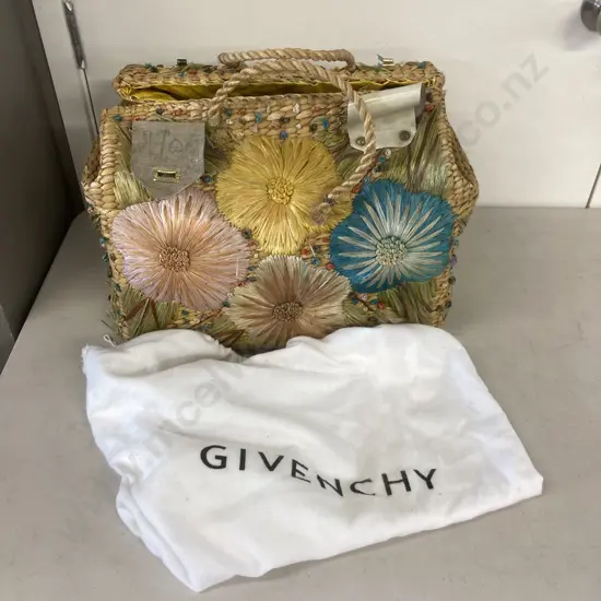 Givenchy Dust Bag & a Vintage Multi Colour Large Woven Flowers Seagrass Basket, Lined (Both As Found Condition)