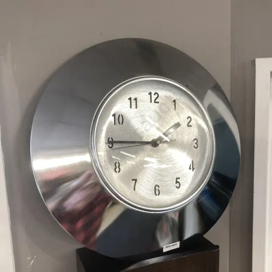 Polished Metal Wall Clock, Pierced Numbers, Quartz Battery Operated. Dia36cm