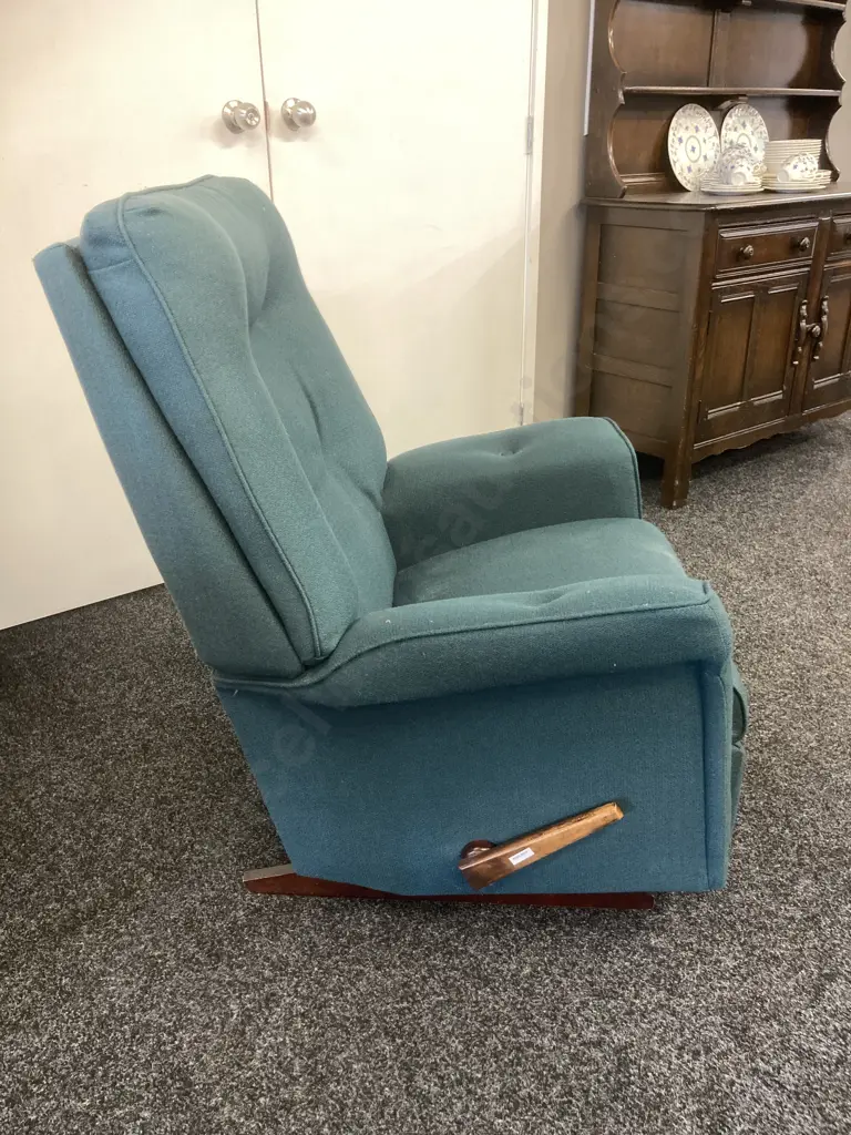 Vintage Green Fabric Button Back Rocker Recliner Image 1++