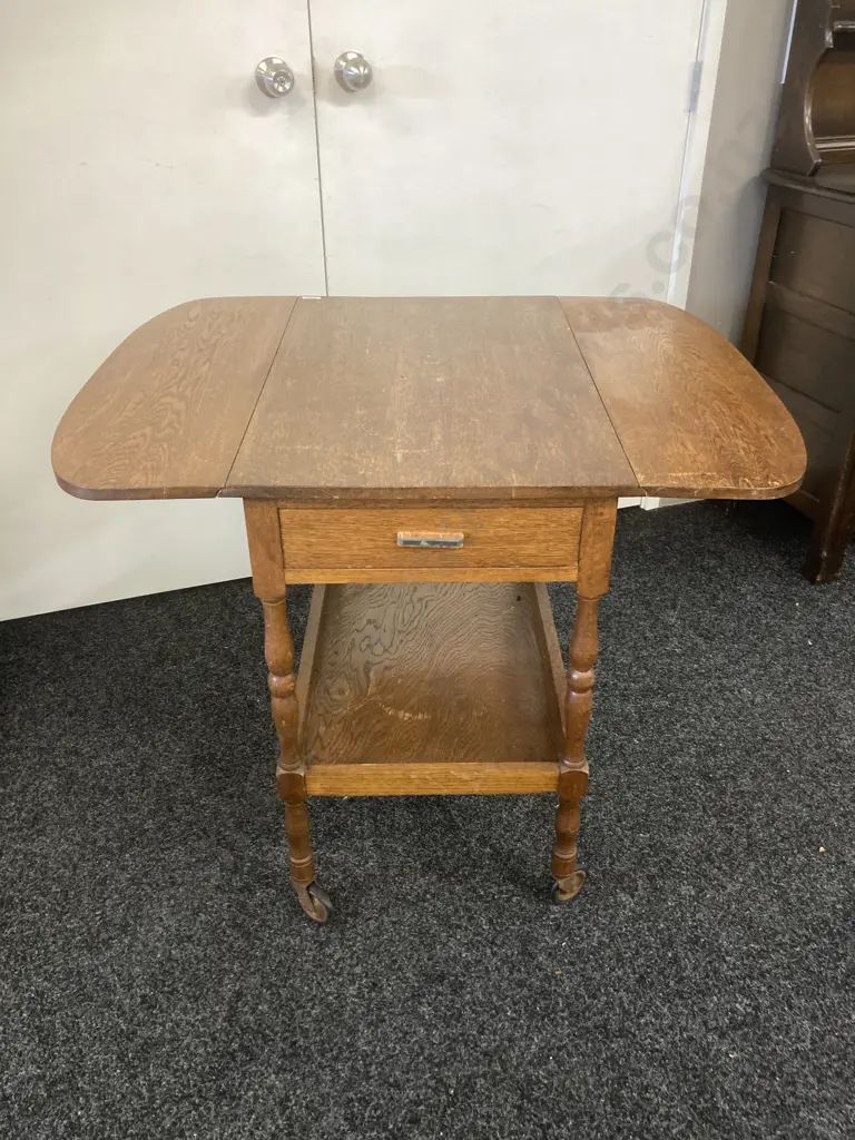 Art Deco Oak Drop Leaf Tea Trolley With Drawer & Original Handle Image 1++
