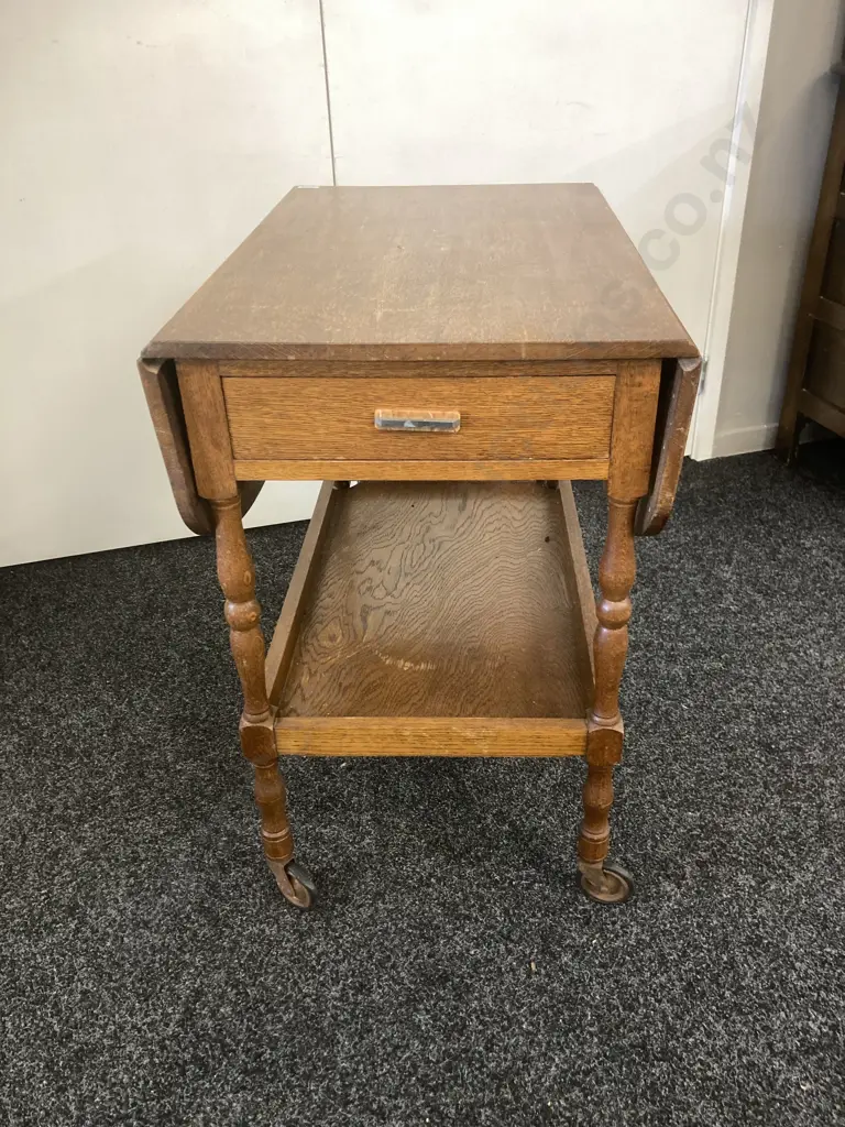 Art Deco Oak Drop Leaf Tea Trolley With Drawer & Original Handle Image 1++
