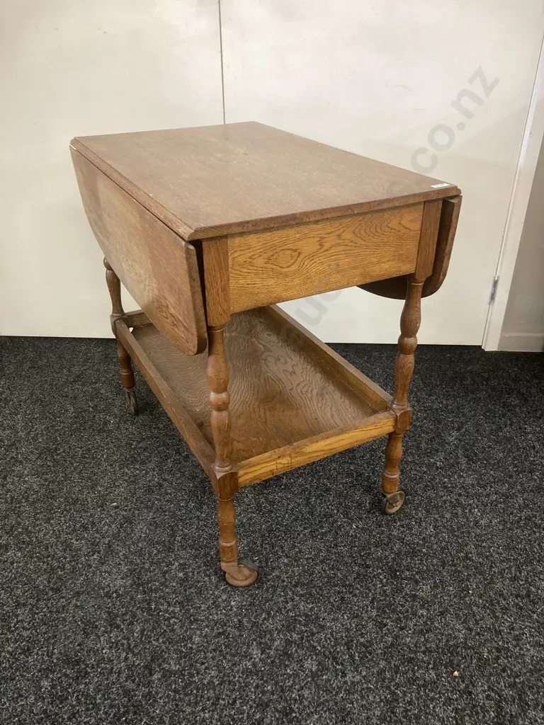 Art Deco Oak Drop Leaf Tea Trolley With Drawer & Original Handle Image 1++