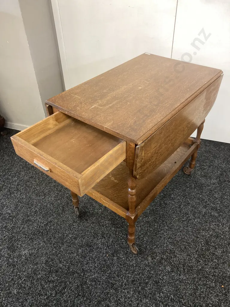 Art Deco Oak Drop Leaf Tea Trolley With Drawer & Original Handle Image 1++