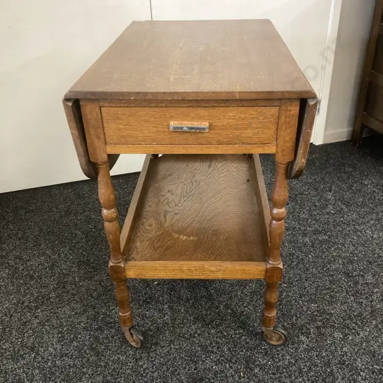 Art Deco Oak Drop Leaf Tea Trolley With Drawer & Original Handle