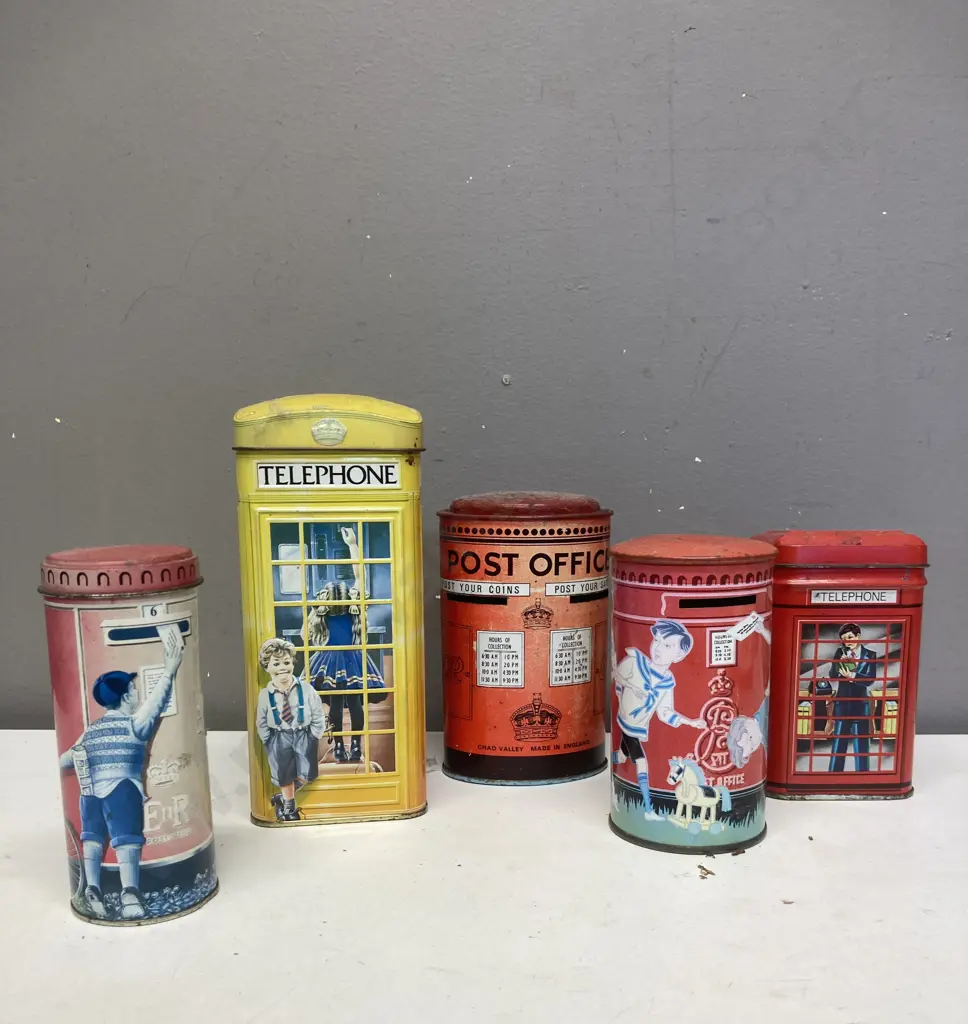 Vintage Telephone Box Tins, Post Box / Money Box Etc (sold with 12) Image 1++