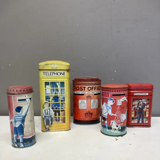 Vintage Telephone Box Tins, Post Box / Money Box Etc (sold with 12)