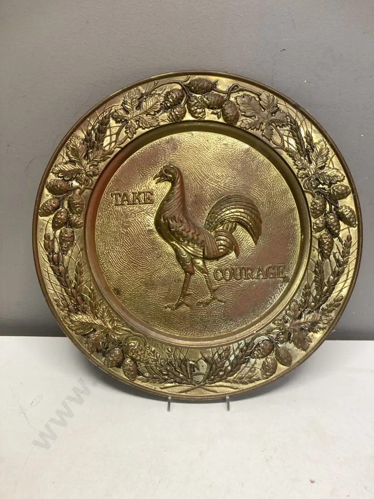 Vintage Brass Brewery Advertising Tray "Take Courage Cockerel" Dia 36cm Image 1++