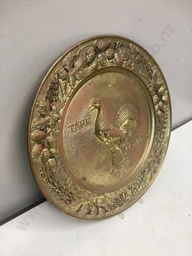 Vintage Brass Brewery Advertising Tray "Take Courage Cockerel" Dia 36cm Image 1++
