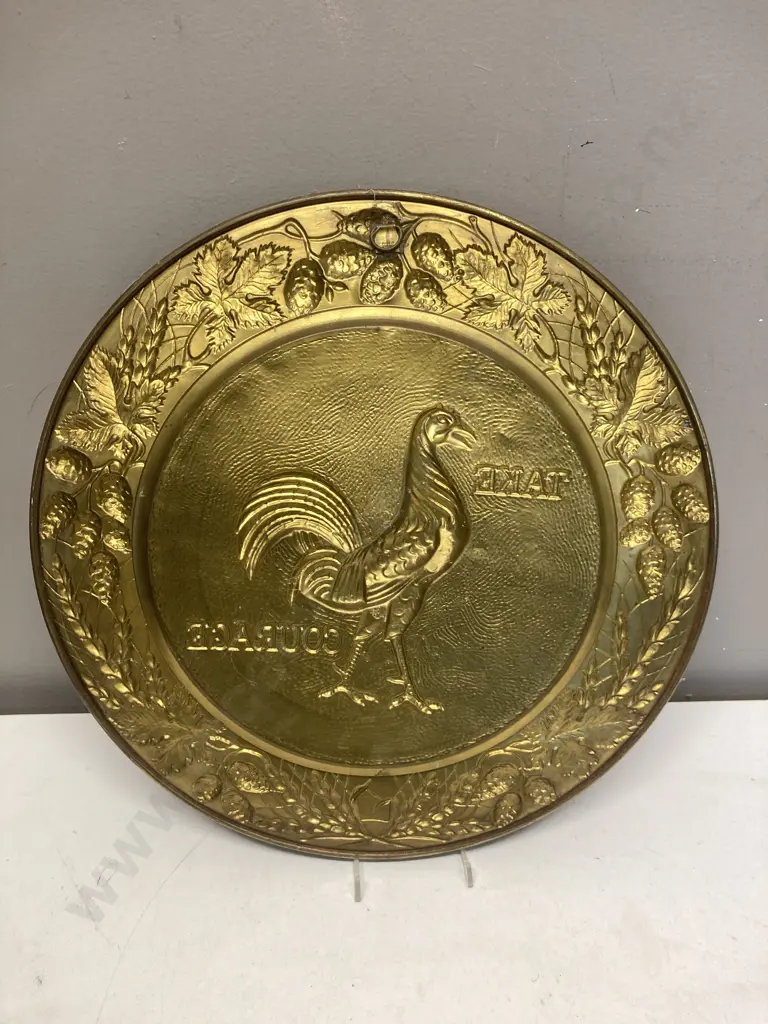 Vintage Brass Brewery Advertising Tray "Take Courage Cockerel" Dia 36cm Image 1++