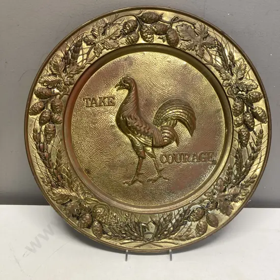 Vintage Brass Brewery Advertising Tray "Take Courage Cockerel" Dia 36cm