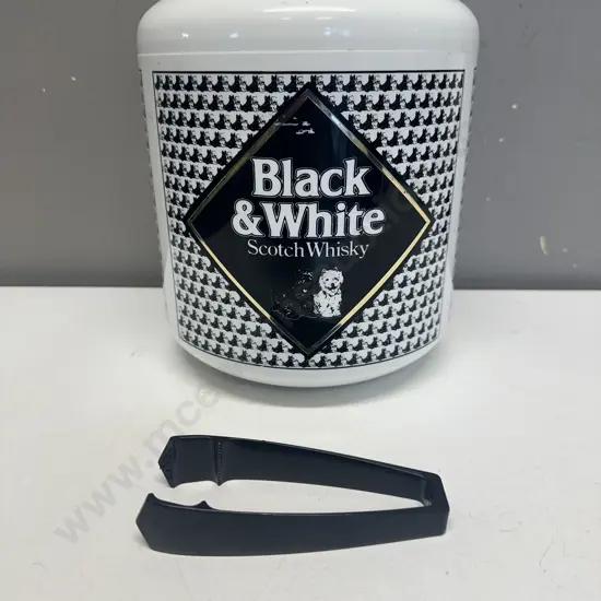 Vintage Black & White Scotch Whiskey Round Plastic Ice Bucket With Tongs. 22 x 19cm
