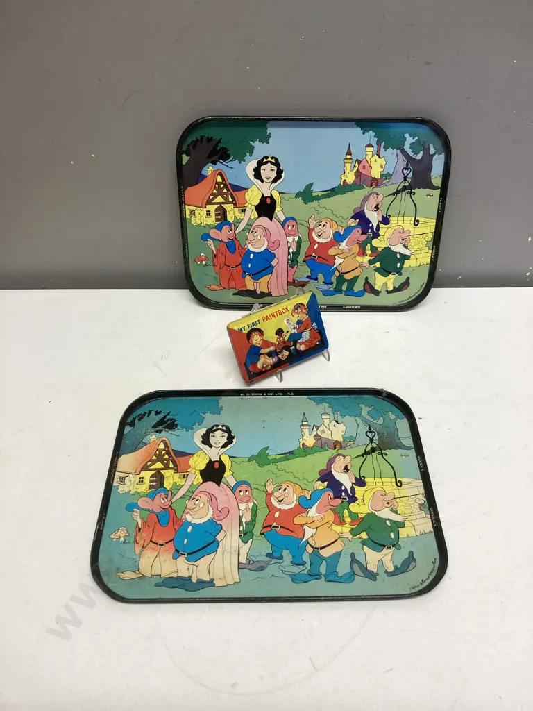 Pair of 1950s Official Disney Snow White NZ Made Metal Trays, Vintage My First Paintbox Image 1++