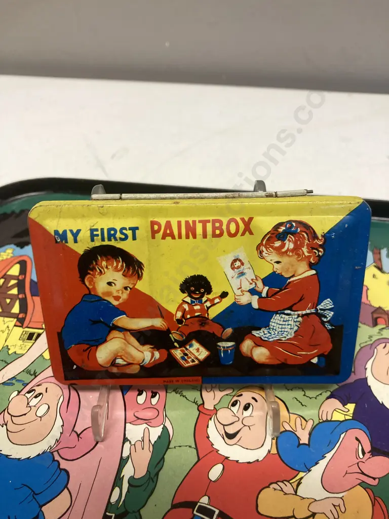 Pair of 1950s Official Disney Snow White NZ Made Metal Trays, Vintage My First Paintbox Image 1++