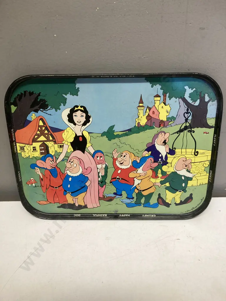 Pair of 1950s Official Disney Snow White NZ Made Metal Trays, Vintage My First Paintbox Image 1++