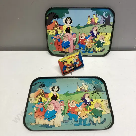 Pair of 1950s Official Disney Snow White NZ Made Metal Trays, Vintage My First Paintbox