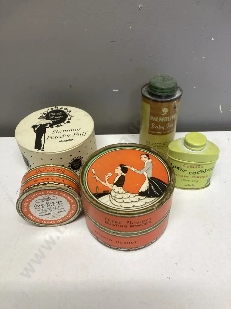 1920s Art Deco Three Flowers Dusting Powder Tin, Vintage Moulin Rouge Powder Puff Tin Etc Image 1++