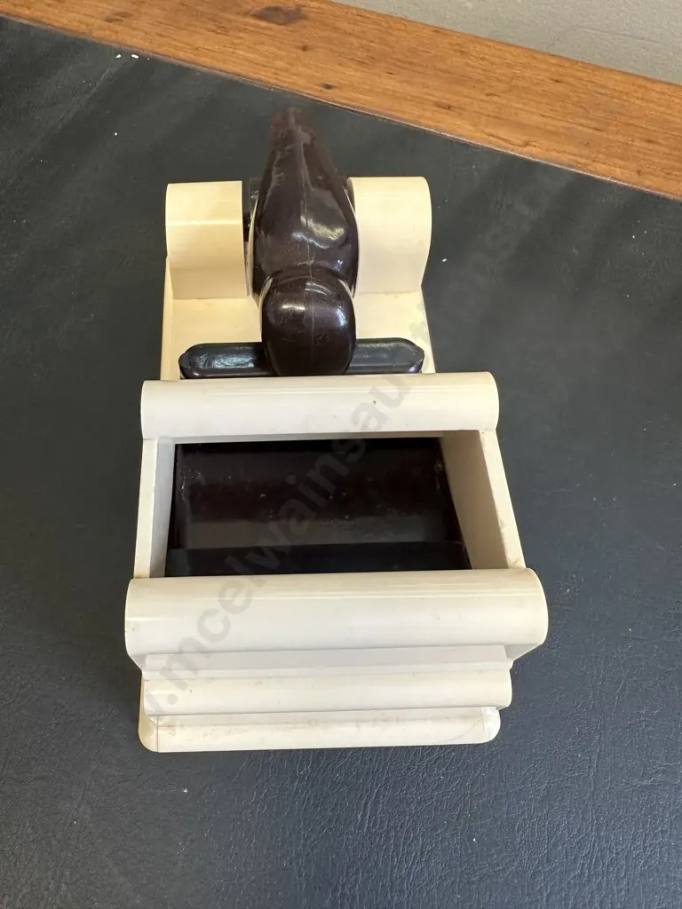 Vintage Black & Cream Bakelite 'Kookaburra' Cigarette Dispenser. H10 W18.5 D10cm (Missing Lid) Image 1++