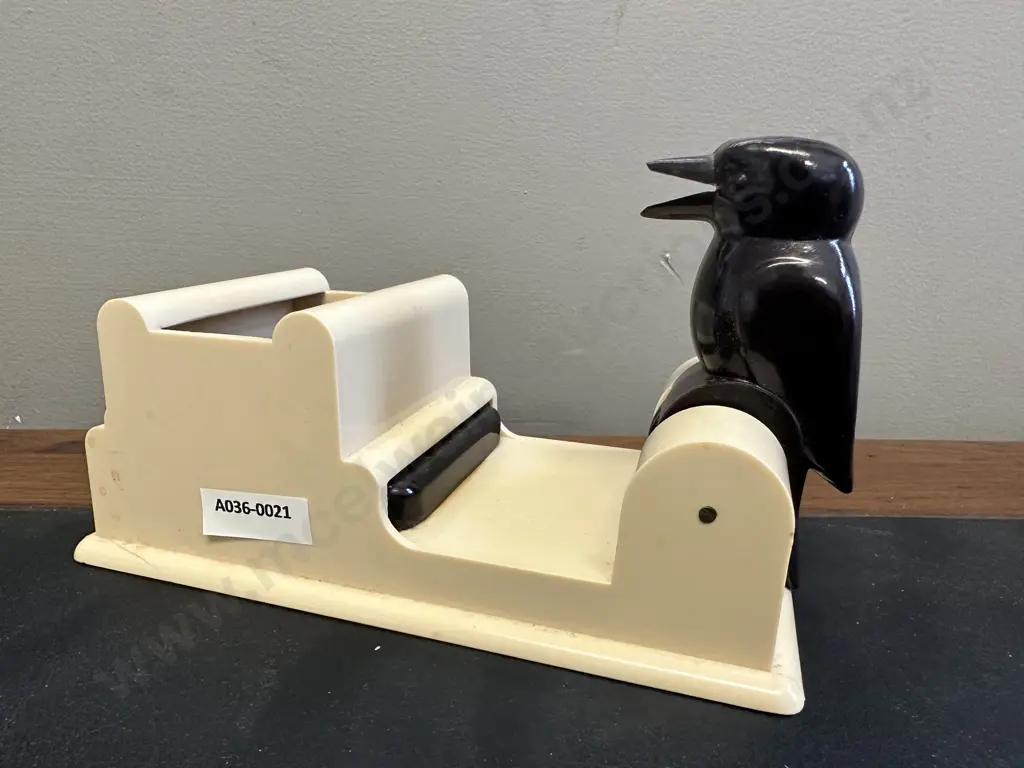 Vintage Black & Cream Bakelite 'Kookaburra' Cigarette Dispenser. H10 W18.5 D10cm (Missing Lid) Image 1++